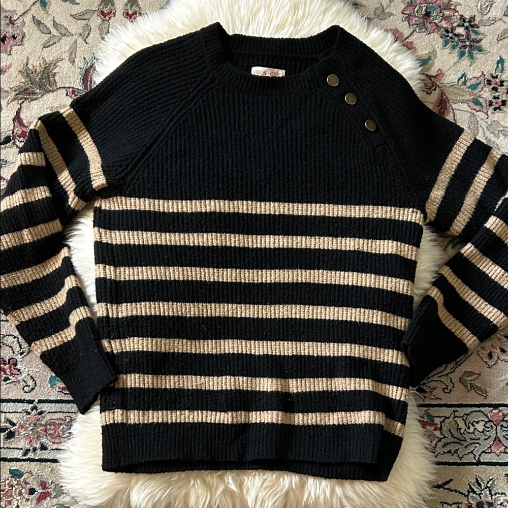 Striped Black and Cream Button-Shoulder Sweater
